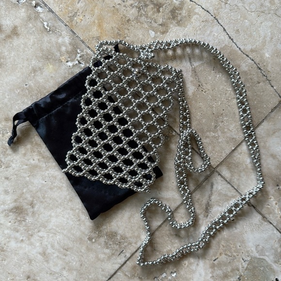 Ladies, black and silver beaded iPhone holder long purse handle top fasten. - Picture 3 of 13